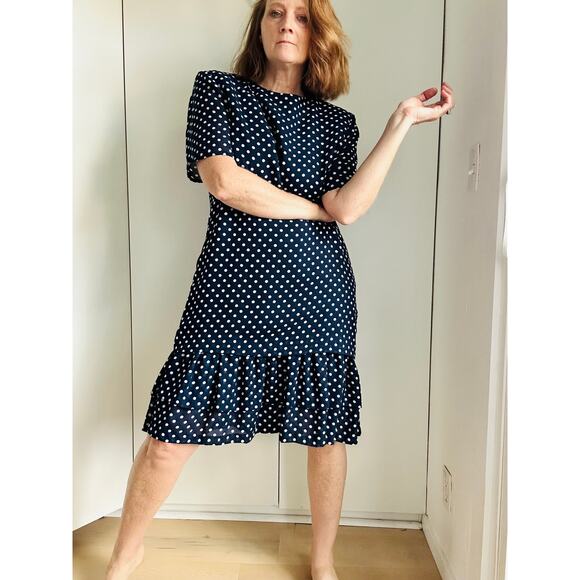 Vintage Navy/White Polka Dot Womens Dress Sheath 80s Retro Fun Whimsy USA Made - Picture 1 of 9